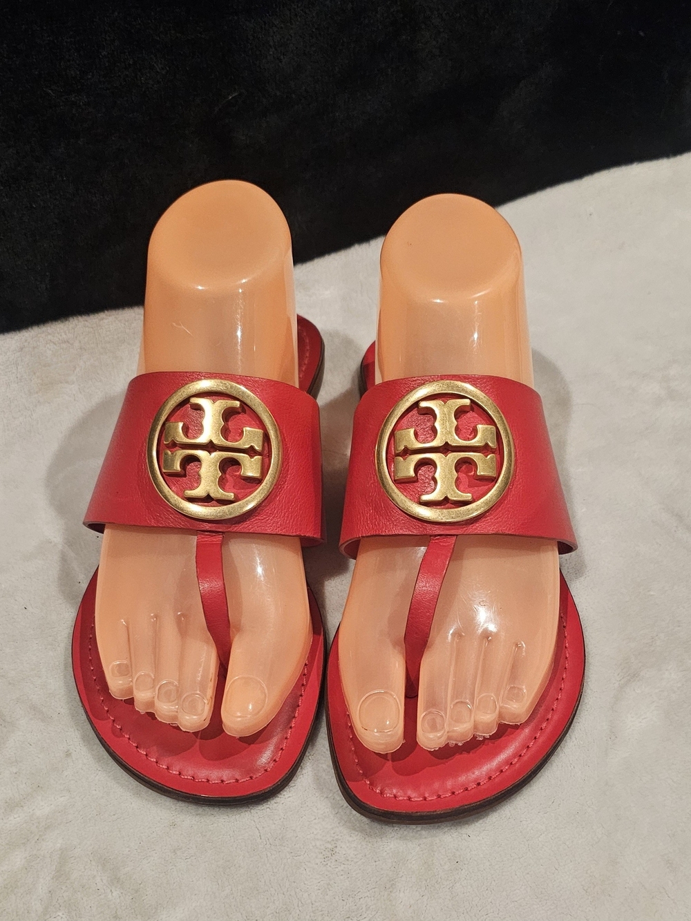 Tory Burch Red Leather Logo Slide Sandals with Gold Medallion- Size 8.5